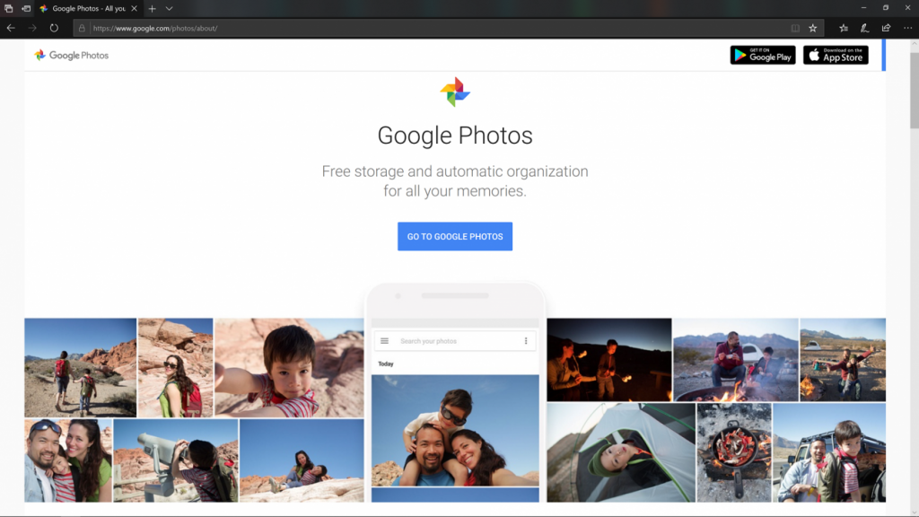 A screenshot of the home page of Google Photos online photo storage