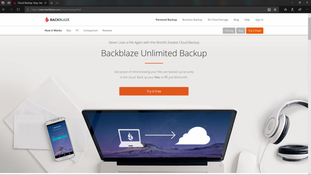 Screenshot of Backblaze online photo storage home page