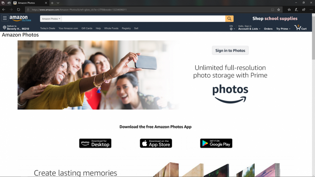 A screenshot of the Amazon Photos home page