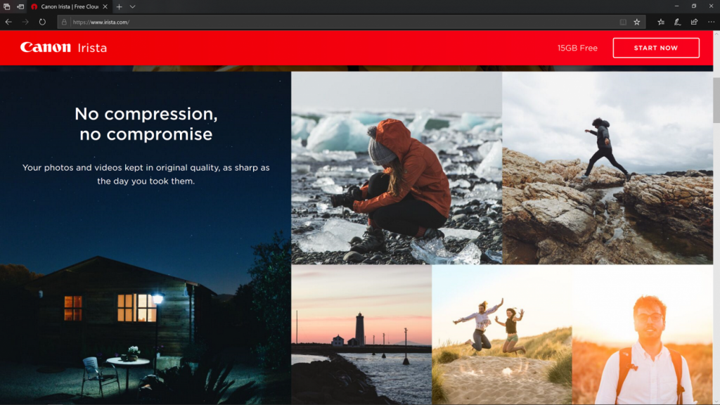 A screenshot of the Canon Irista home page