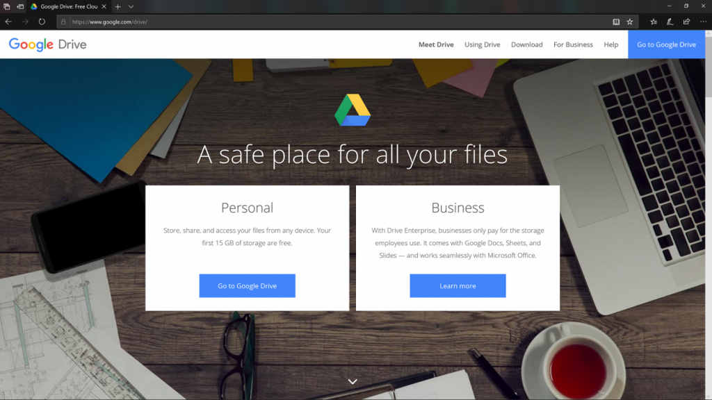 A screenshot of the home page of online photo storage solution Google Drive