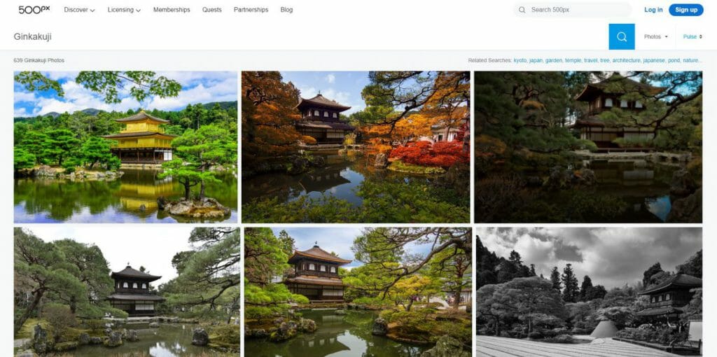 A screenshot of the 500px website and a search of travel photography images of Ginkaku-ji Temple in Kyoto