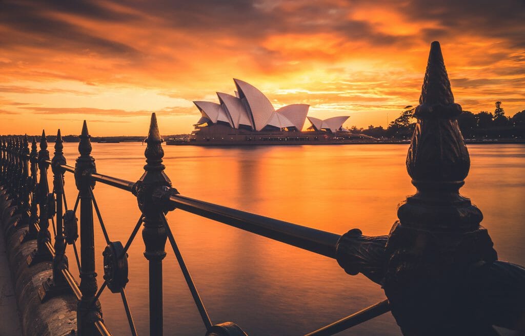 A travel photography image of a sunrise over Sydney Harbour, Australia