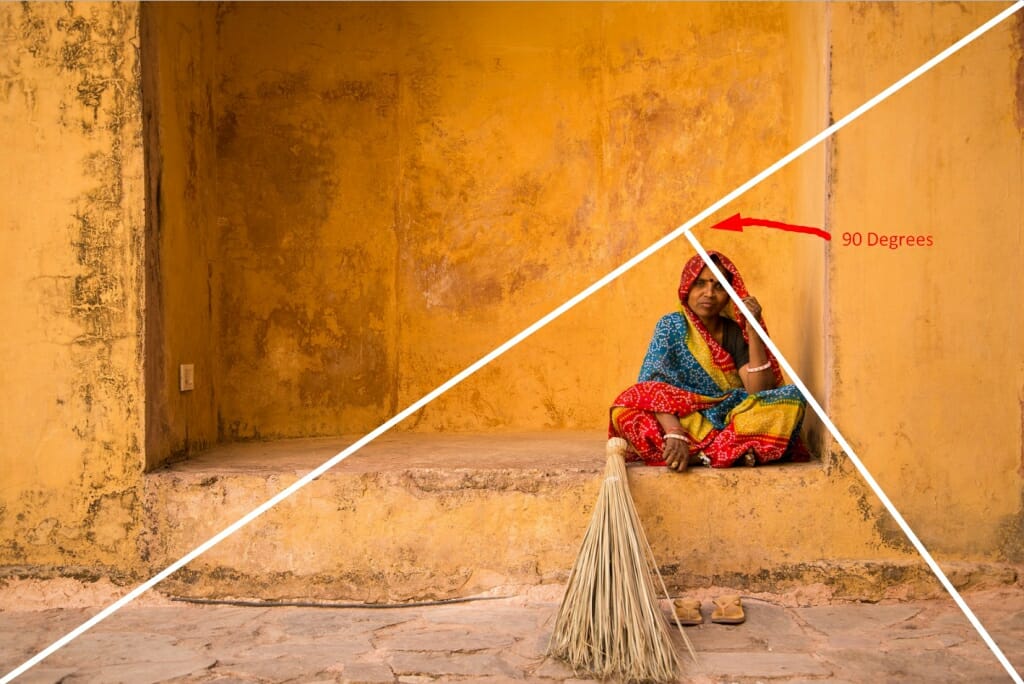 A travel photography image of a person sat in front of a bright yellow wall