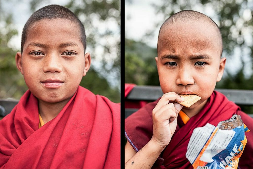 Images of 2 young male monks, one eating a biscuit