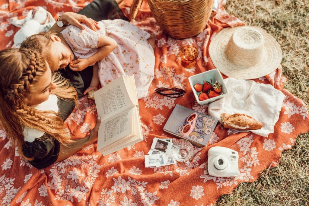 A family picnic photograph with a book, picnic cloth, food, and a polaroid camera.