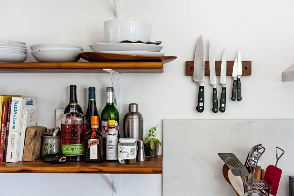 An indoor photography shot of kitchen shelves