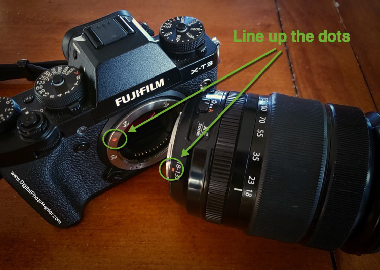mount the lens onto the camera body by lining up the dots on the lens and the body as indicated with arrows