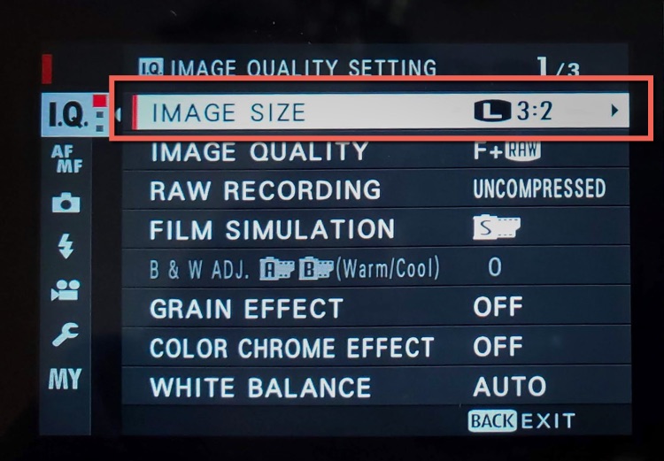 Image size setting on the camera menu shown and highlighted