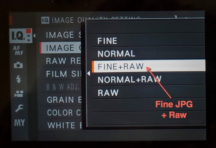 image quality setting shown with both fine jpg and raw files selected