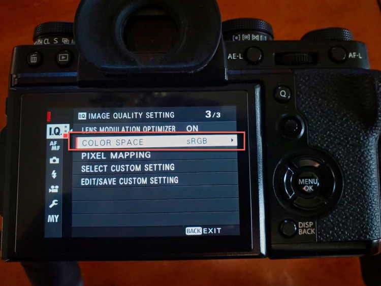color space settings shown on camera screen with sRGB selected