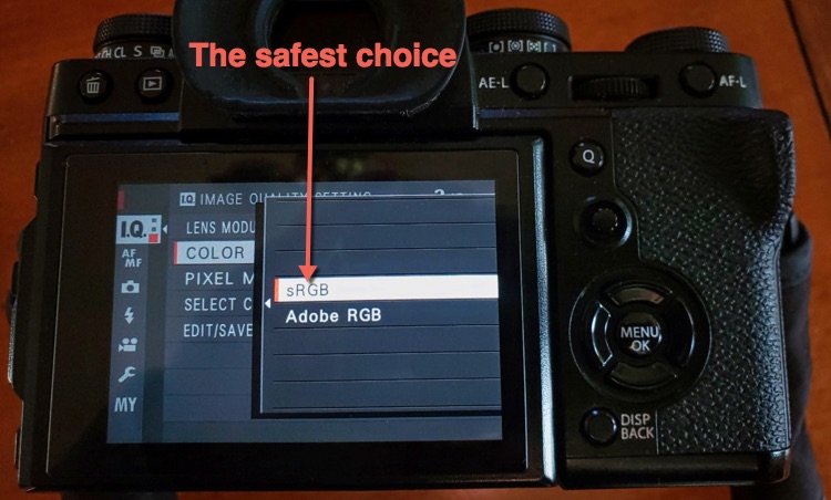 color space settings shown with sRGB selected, as the safest option for new photographers