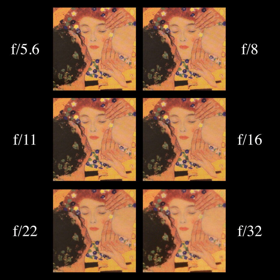 Diagram showing loss of sharpness from diffraction at f-stops from f/5.6 to f/32