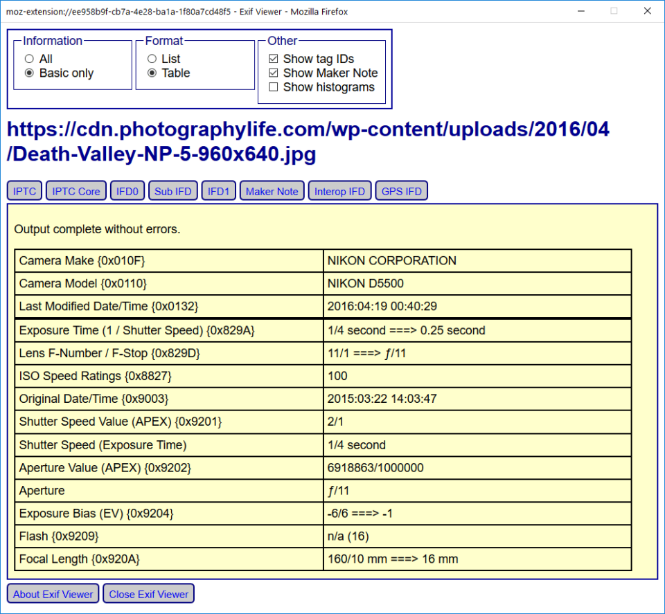 Example EXIF data from a Nikon D5500 photograph, screenshot from EXIF Viewer plugin