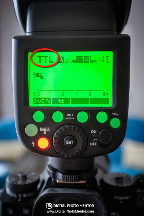 TTL flash mode shown circled on the flash settings screen
