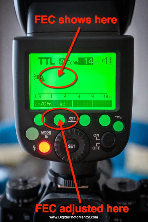 Flash exposure compensation adjustment settings and where to see it on your flash