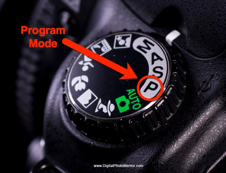 Where to find program mode on your camera dial, indicated with arrow