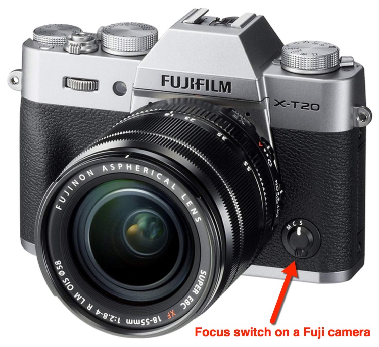 Fujifilm camera showing the location of the focus switch to check if camera wont focus