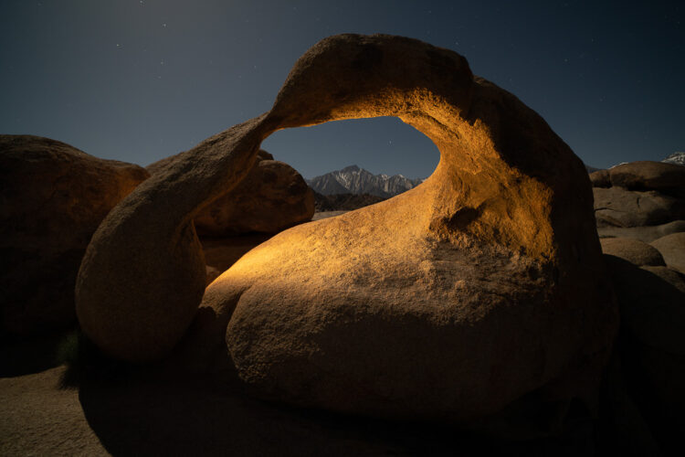 mobius arch in alabama hills photographed at night for a very creative photo