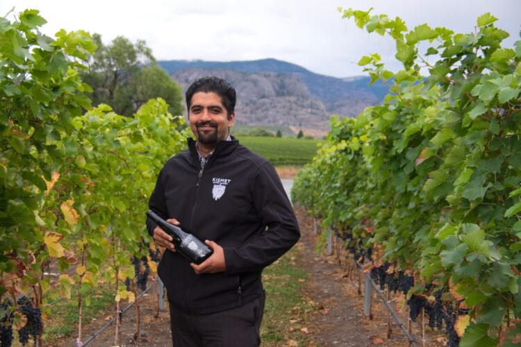 portrait photo of wine maker in the vines holding a bottle of wine with no editing or Sky Replacement AI applied by Luminar