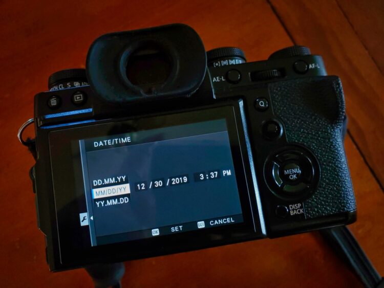 date and time settings shown on camera screen with format and date