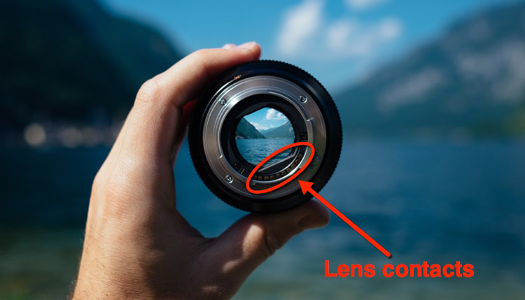 Camera lens showing the lens contacts where it connects and communicates with the camera