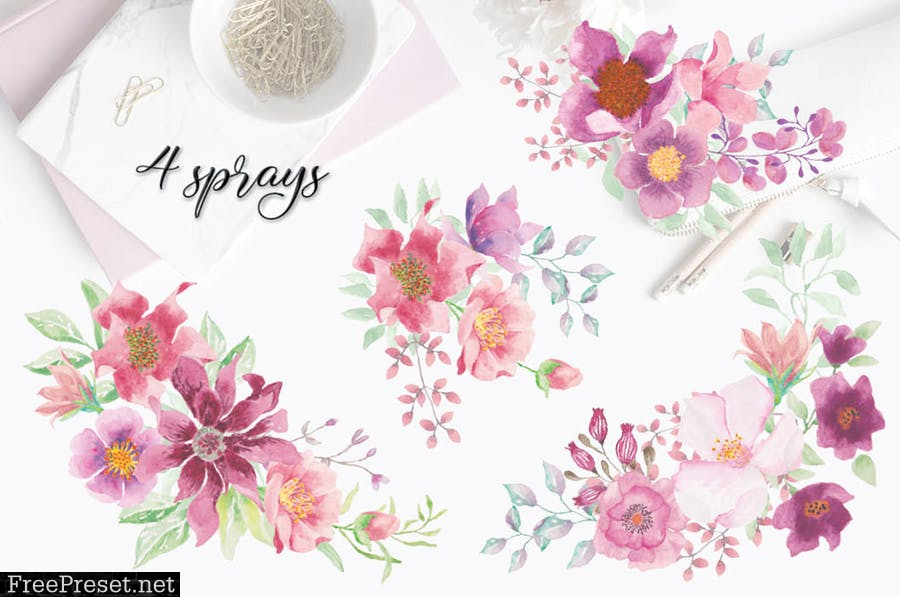 Gorgeous Pinks Watercolor Design Set T4MBH3G