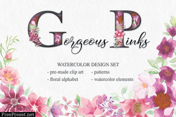 Gorgeous Pinks Watercolor Design Set T4MBH3G