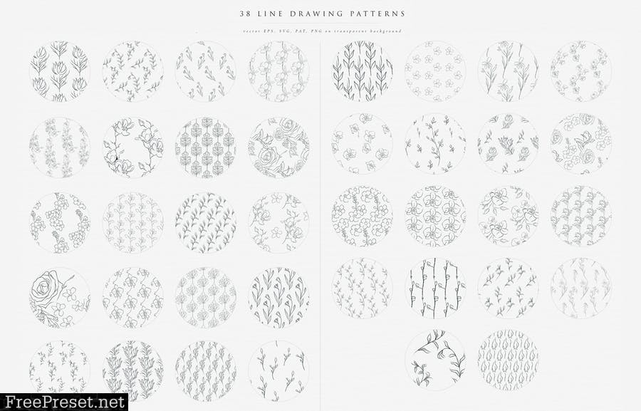Line Drawing Floral Patterns ~ EPS, SVG, PAT, PNG