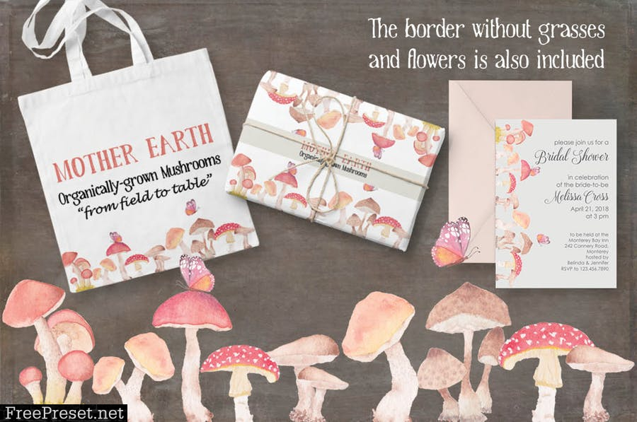 Mushroom Border Watercolor Clip Art U4URLJP