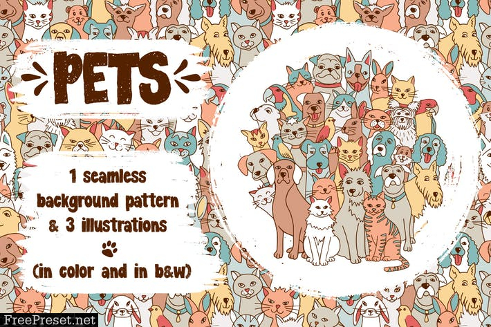 Pets - Animal Illustrations And Seamless Pattern XV8NV4M