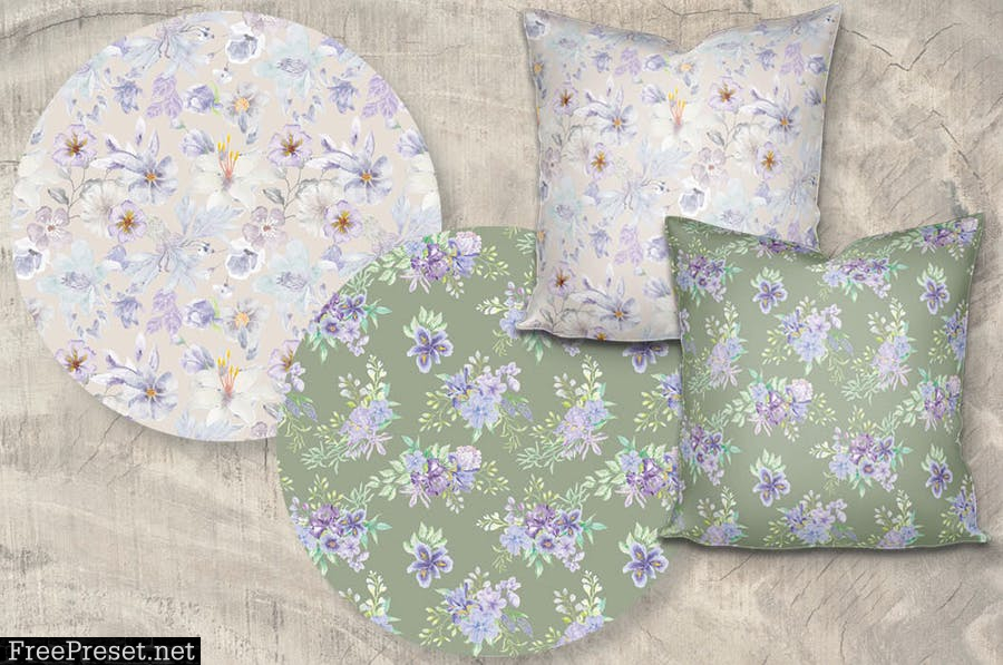 Set of 6 Watercolor Patterns in Pretty Lilac Shade 57UKUMZ