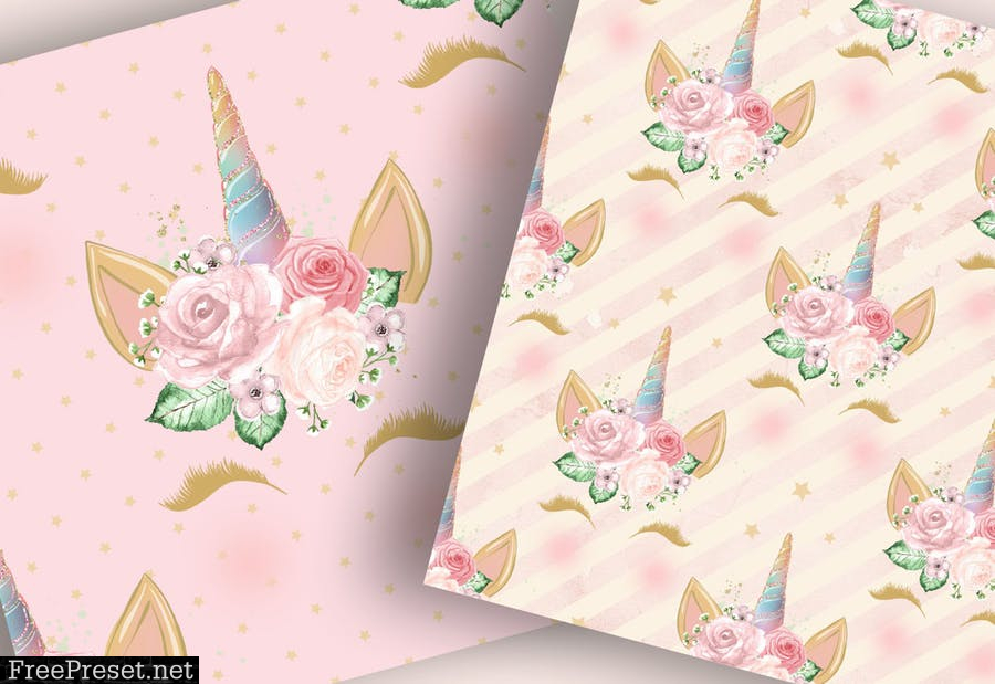 Unicorn Faces Floral digital paper pack U3NG5EG