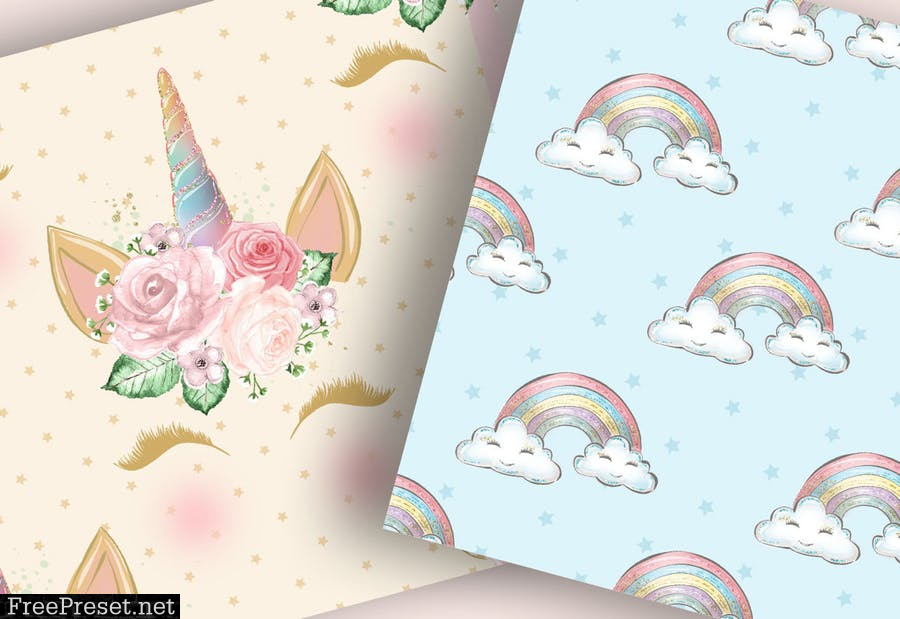 Unicorn Faces Floral digital paper pack U3NG5EG