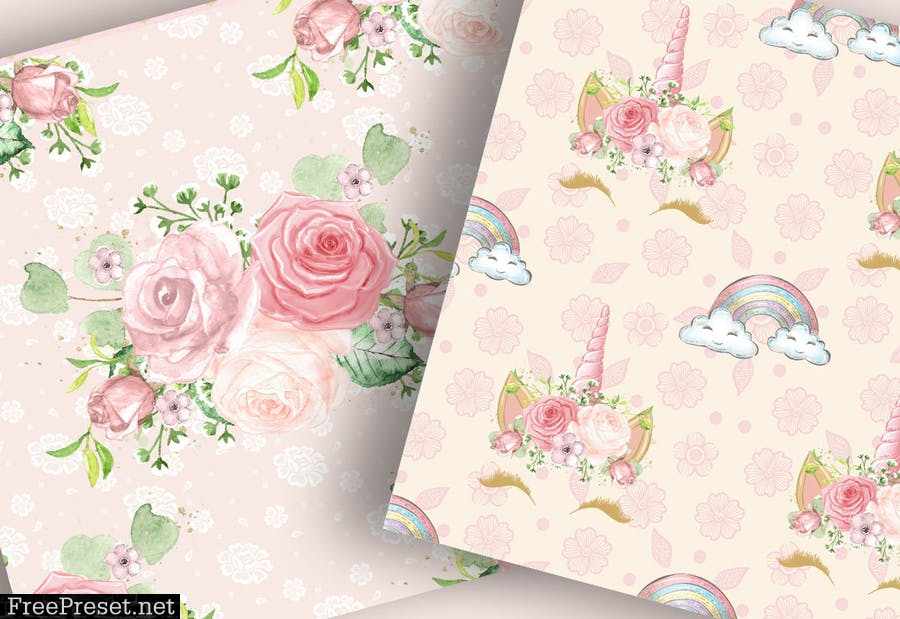 Unicorn Faces Floral digital paper pack U3NG5EG