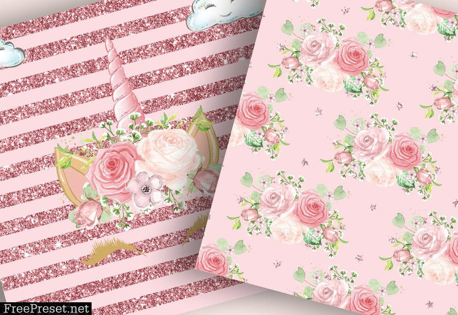 Unicorn Faces Floral digital paper pack U3NG5EG