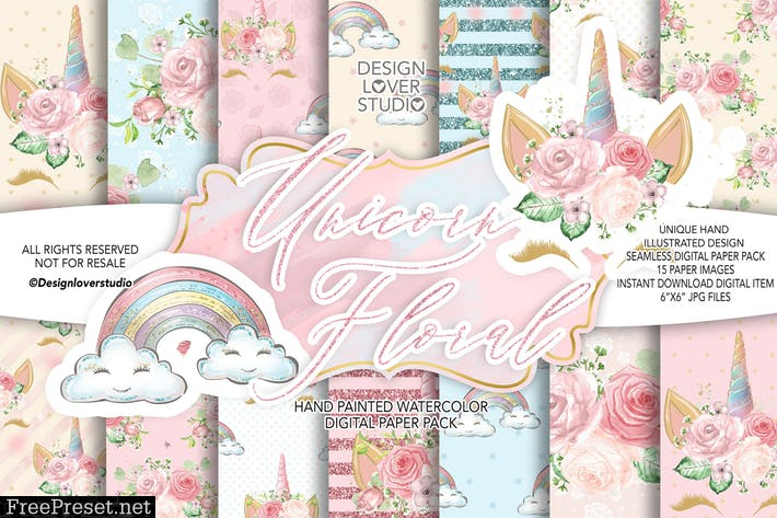 Unicorn Faces Floral digital paper pack U3NG5EG