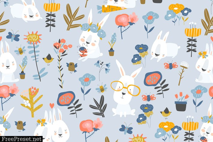 Vector seamless pattern of cute cartoon bunnies an CD2QGSF