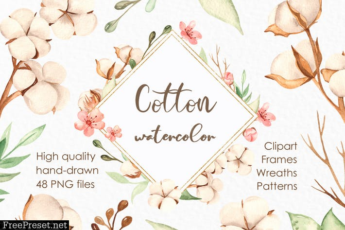 Watercolor cotton. Clipart, frames, wreaths GAXTLPR