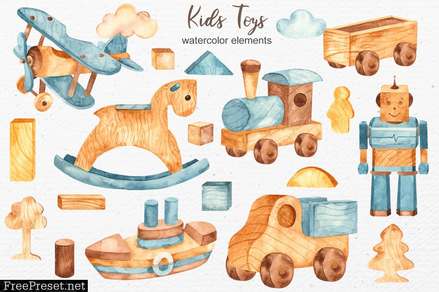 Watercolor kids toys. Clipart, cards, patterns VJAB5T9