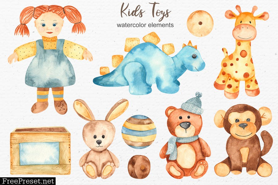 Watercolor kids toys. Clipart, cards, patterns VJAB5T9