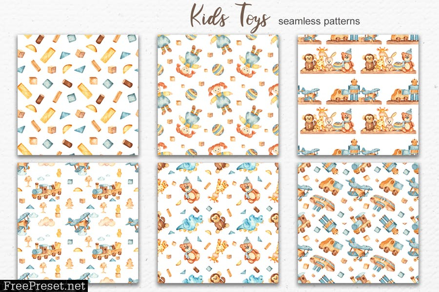 Watercolor kids toys. Clipart, cards, patterns VJAB5T9