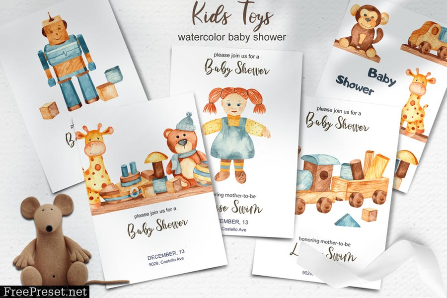 Watercolor kids toys. Clipart, cards, patterns VJAB5T9