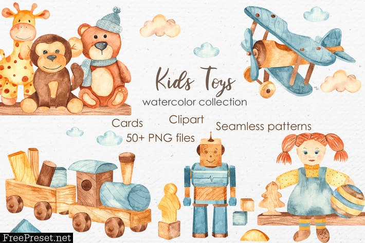 Watercolor kids toys. Clipart, cards, patterns VJAB5T9