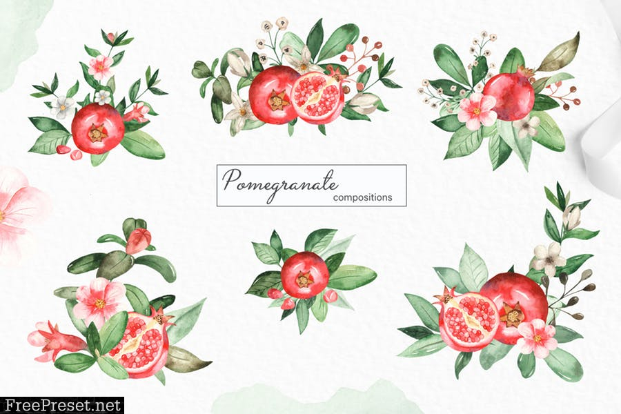 Watercolor pomegranate. Clipart, frames, wreaths LZEAU7Q