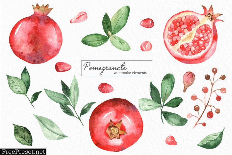 Watercolor pomegranate. Clipart, frames, wreaths LZEAU7Q