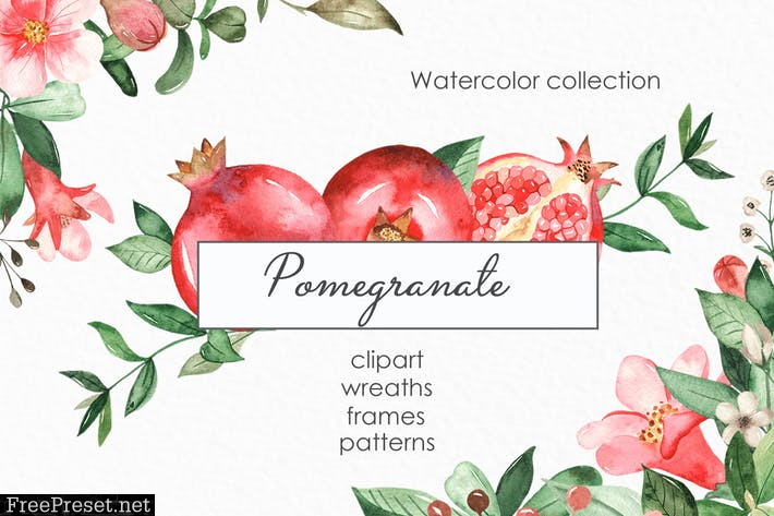 Watercolor pomegranate. Clipart, frames, wreaths LZEAU7Q