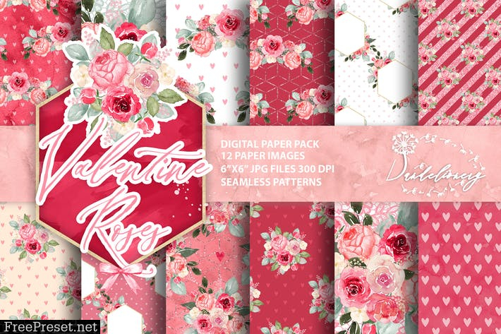 Watercolor Valentine Roses digital paper pack Z694ZZA