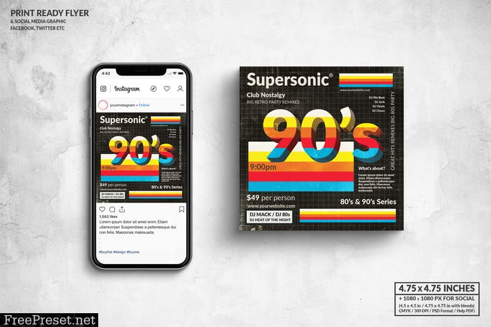90s Supersonic Party Square Flyer & Social Media VAF3DCD