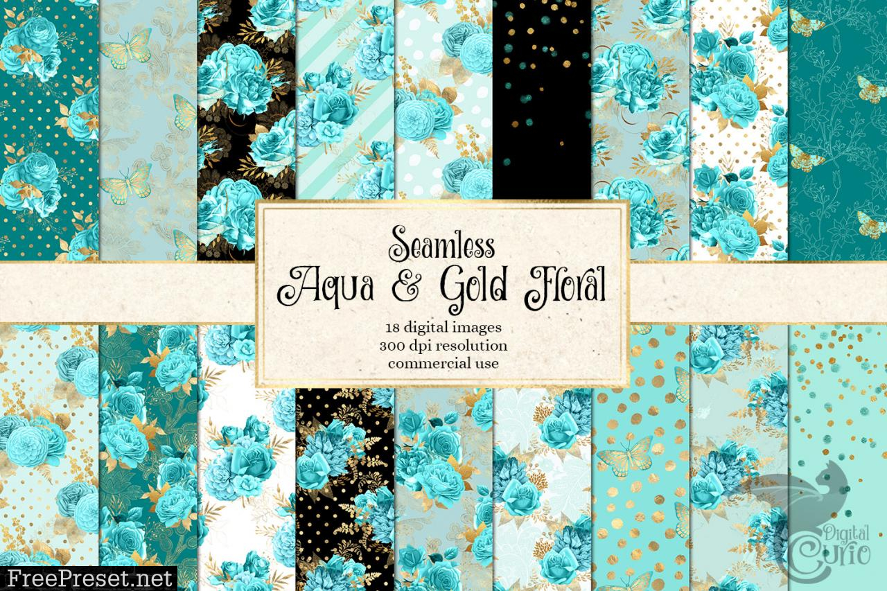 Aqua and Gold Floral Digital Paper